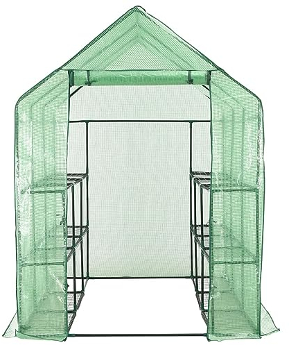 Homgoday Begehbares Gewächshaus mit 12 Regalen Foliengewächshaus Tomatengewächshaus Anlehngewächshaus Treibhaus Tomatenhaus Pflanzenhaus Folienzelt Garten Terrasse Stahl 143 x 214 x 196 cm