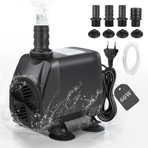 EXLECO Pompa Acqua 3500L/H 60W AC 220V Pompa Sommersa Pompa per Acquario Pompa Immersione Pompa Dell'acqua per Fontana Laghetti Pompa per Filtro, Ultra Silenziosa, Cavo da 1,8M, 4 Ugelli, 1.5M Tubo
