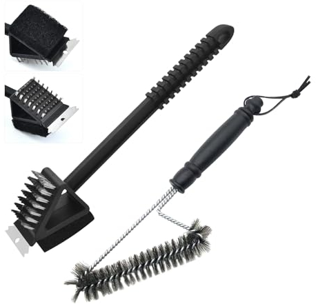 Fyfjur 2 Piezas Cepillo Barbacoa, 3 en 1 Cepillo de Alambre para Barbacoa + Cepillo Triangular de Metal para Parrilla, Kit de Limpieza para Barbacoa con Raspador para Barbacoa, Cepillo para Barbacoa