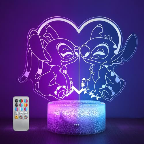 Hoofun Lampada Stitch: 16 Colori Luce Notturna Stitch Anime 3D Illusione con Telecomando, Regali e Merchandising Stitch per Decorazione Cameretta Bambini, Compleanno Bambine Natale
