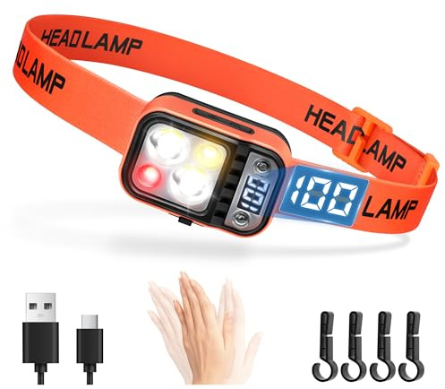 DARKBEAM Lampada Frontale Luce Testa LED Ricaricabile USB Alto Lumen, Lampada da testa per Casco con Sensore di Movimento, Display digitale, Torcia Frontale Impermeabile per Campeggio, Jogging