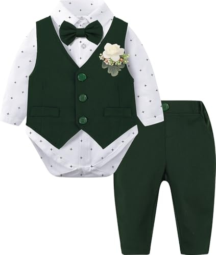 mintgreen Completo formale per neonati, 3 pezzi, body da smoking da matrimonio + gilet con fiore sul petto + pantaloni, Verde scuro, 6 mesi