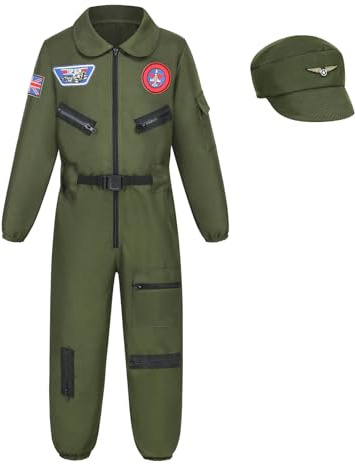 HAPNBCELE Kids Fighter Pilot Costume with Hat, Air Force Jumpsuit Uniform World Book Day Halloween Birthday Dress Up Party (Army Green, 4-6 Years)