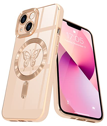 Lafunda Magnetisch Hülle für iPhone 13 Handyhülle Schutzhülle Kamera-Vorsprung Case Schmetterling Vergoldung Glitzer Mädchen Stoßfest Cover für iPhone 13 Rosa