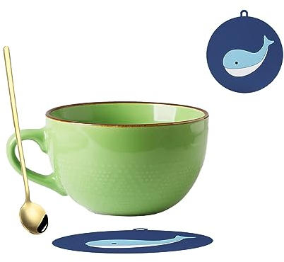 hengshukeji 700 ML Large Ceramic Coffee Mug with Coaster and Spoon，Grain Soup Cup/Coffee Mug/Salad Bowl for Coffee, Tea, Ice Cream, Cereal (Light Green)