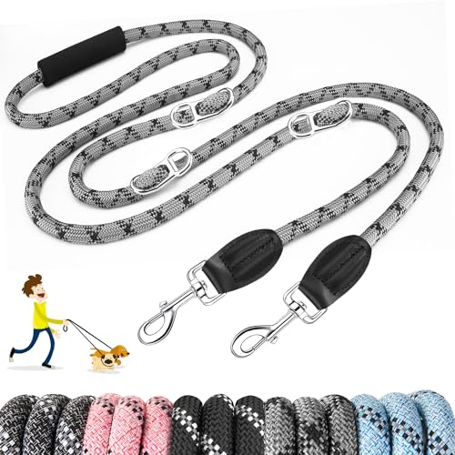 SlowTon Hundeleine große Hunde, Hundeleine Doppelleine 3M Verstellbar,Reflektierend Starke Hunde Trainingsleine,Nylon Hundeleine mit 2 Karabinern für große und mittelgroße Hunde (Grau)