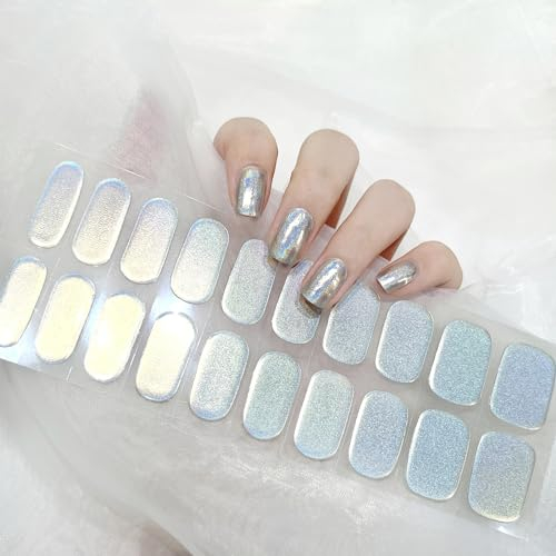 Ceboic Semi Cured Gel Nail Polish Strips, 22PCS Extra Long Gel Nail Stickers, Self-Adhesive French Manicure Stickers, Waterproof Full Nail Wraps Decal Sets for Women Girls Nail Art Decor, Laser Silver