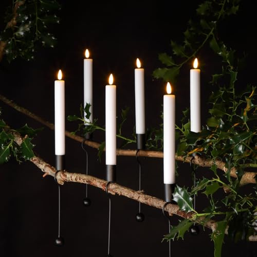 Festive Lights - Confezione da 6 candele magiche bianche natalizie con supporto in metallo nero - LED bianchi caldi - Decorazioni da appendere per interni ed esterni telecomandate a batteria