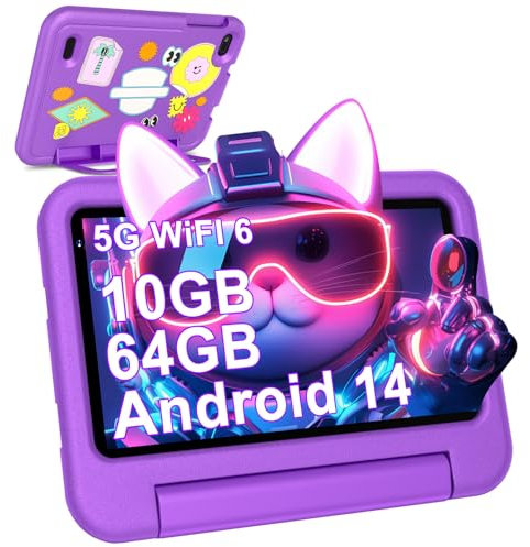 2025 Neueste Android 14 Kinder Tablet 7 Zoll, 10GB(4+6) RAM+64GB ROM/TF 1TB, WLAN 6, 5G+2.4G WLAN, 8-Core 1.8 GHz, 1024*600, 3500mAh, Type-C, Bluetooth 5.0, Kids Tablet Mit EVA-Hülle - Violett