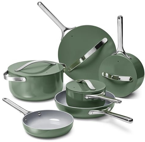 Caraway Deluxe Nonstick Ceramic Cookware Set (16 Piece) Pots, Frying Pans, Lids and Kitchen Storage - PFAS & PFOA Free - Oven Safe Ceramic Pan Set & Compatible with All Stovetops - Sage