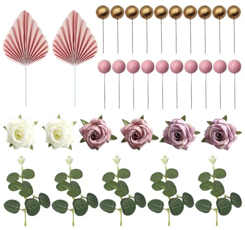 2 Pieces Folding Fan, 5 Pieces Leaf Plug-Ins, 6 Pieces Artificial Roses And 20 Pieces Ball Plug-Ins, Baking Decoration Accessories, Cake Decorations
