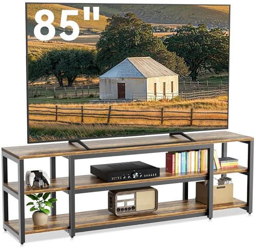 Aquzee TV Schrank, 191 cm Lang TV Lowboard, Großer Fernsehschrank für 60-85 Zoll TVs, Fernsehtisch TV Board, Holz und Metall, 3-stöckiger Stauraum Regal TV Cabinet für Wohnzimmer