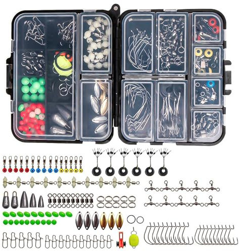 SANTUO Kit d'accessoires de pêche en mer 183 pièces comprenant 1# hameçons, baril roulant, émerillons, 1# 2# boutons-pression 10 g, 3,5 g, 5 g, manivelle pivotante pour brochet, bar, carpe avec boîte