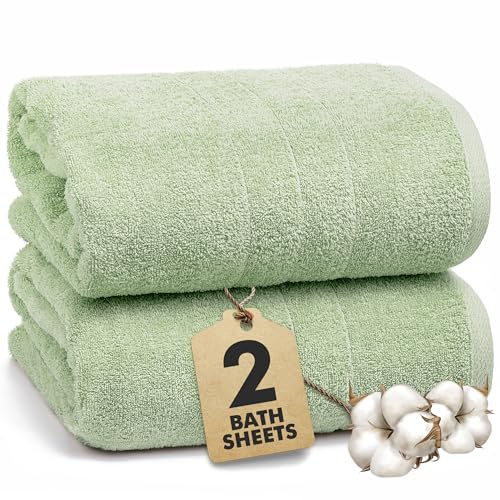 Bath Sheets - Extra Large Bathroom Sheet Set – 550 GSM Pack of 2 Jumbo Towels Light Green (90x180cm) – 100% Ring Spun Cotton Soft Quick Dry Large Bath Towels for Adults Hotel Spa Bathroom Use