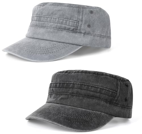 GUOYIHUA 2 Pcs Army Cap aus Baumwolle, Klassische Militär Flat Cap, Einfarbig Military Mütze, Schirmmütze Vintage für Damen und Herren, Verstellbare Kappe für Wandern und Sport