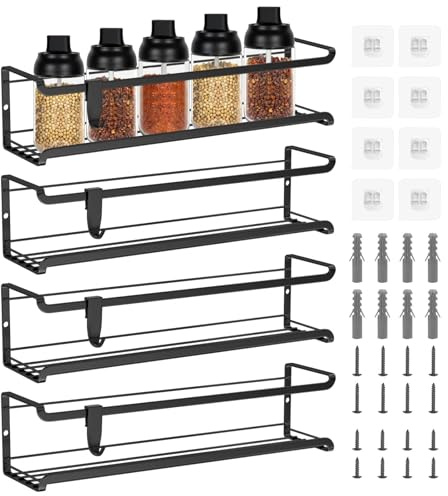 Skynzor 4 Pièces Rangement Epices Cuisine Placard, Etagere a Epices Murale Sans Percage, Porte Cuisine, Support, Organisateur, pour les Armoires