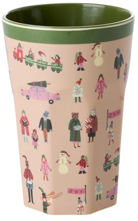 ReWu Rice Melamin Becher Groß - Holiday Print - Gräuliches Pink - 400ml - Kinderbecher Campingbecher Trinkbecher - Bruchsicher BPA-frei