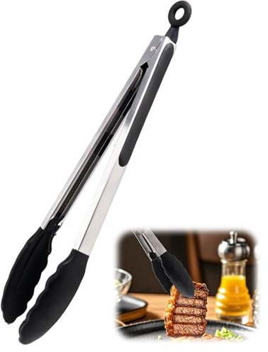 Pinze Da Cucina, Pinze Cucina Silicone, con Punte in Gomma Antiaderente ben Sigillate e Manico in Acciaio Rivestito in Silicone e Bloccaggio Liscio, per Carne, Arrosto, Insalata (Nero, 30cm)