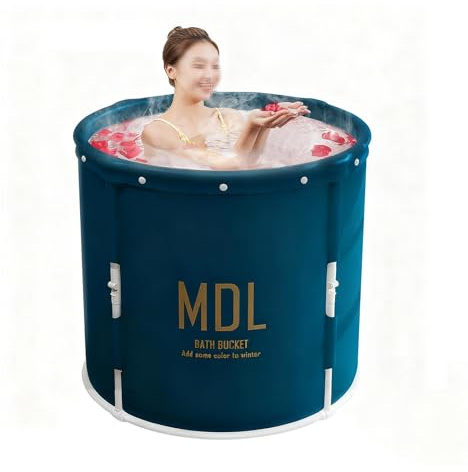 Baignoire Ronde Pliable pour Adulte 70cm, Couvercle Isolant, Double Vidange Installation Facile, Gain de Place, Idéale pour Douche, Spa, Sauna