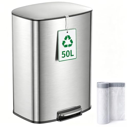 YEAUPE PRO Cubo de Basura Cocina 50L con Pedal, Papelera Cocina de Acero Inoxidable, Cubo de Residuos con Tapa Soft Close, Cubeta Interior Extraíble de ABS, Anti Olores, 15 Bolsas Incluidas
