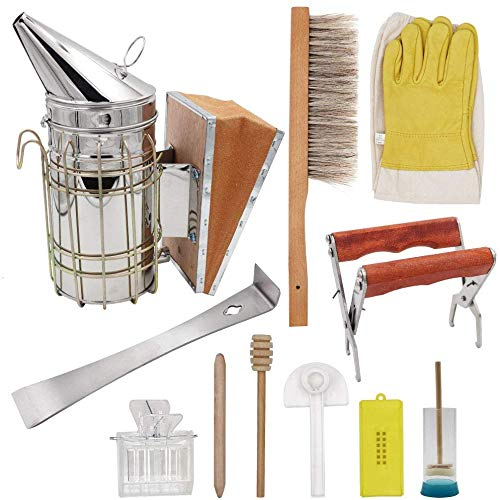 11pcs Imkerei Werkzeuge Kit für Imker Bienenstock Smoker / Biene Pinsel / Imkerei Handschuhe / Königin Biene Käfig / Bienenstock Frame Gripper Starter Kit Imker Starter Kit