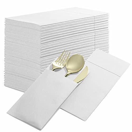 Engångsservetter med linnekänsla med inbyggd bestickficka, 50-pack vit förbehandlad duk som pappersservetter för middag, bröllop eller fest