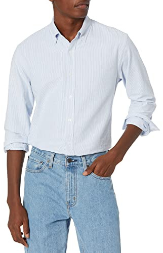 Amazon Essentials Camisa Oxford en tela elástica, de manga larga y corte recto (disponible en tallas grandes y largos especiales) Hombre, Azul Celeste Claro Blanco Rayas Verticales, 4XL