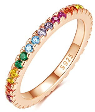 Emmie Jewelry Eternity Ring 925 Silber mit Bunte Zirkonia Steine | Damenring mit Regenbogen-Steinen rundherum | Rainbow Ringe für Damen, Frauen Schmuck (60, Rosegold)