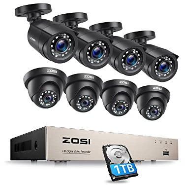 ZOSI 1080P Kit de Cámara de Vigilancia 8CH H.265+ Grabadora DVR con 8 Cámara de Seguridad Impermeable,Visión Nocturna, Detección de Movimiento, 1TB Disco Duro