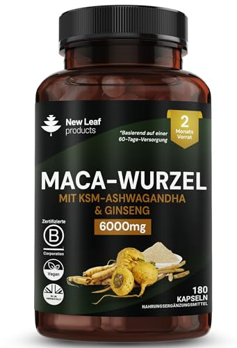 Maca Root Capsules with KSM Ashwagandha and Ginseng - 180 High Strength 6000mg Maca Root + Ashwagandha KSM-66, Panax Ginseng & Black Pepper - Vegan Capsules Made in The UK