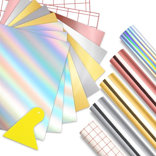 15 Pieces Vinyl Foils Plotter Self-Adhesive - Permanent Vinyl Plotter Foil 20cm*30.5cm - Transfer Film, Plotter Tool Scraper, Brushed Metal Paint for Cricut, Party Decoration, Crafts