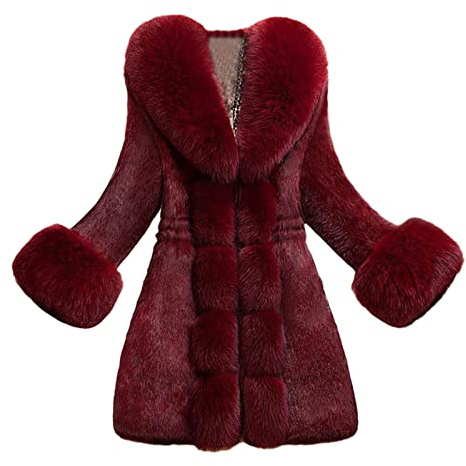 L9WEI Abrigo de Invierno para Mujer, Chaqueta Elegante de Felpa Monocolor, Cálido de Piel Sintética, Mullida, Burdeos