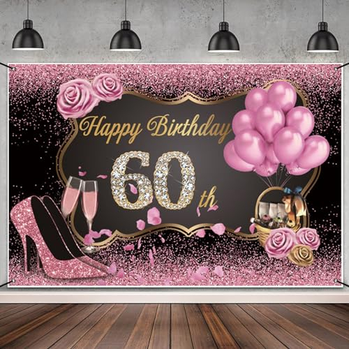 MIRRORANG 1,8x1,1m Alles Gute zum 60. Geburtstag Banner Rosa Gold Backdrop Frauen 60. Geburtstag Party Dekorationen Banner Ballons High Heels Champagner Rose Diamanten 60. Geburtstag Party Dekoration