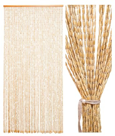 Ezcasch 90x195cm Bamboo Beaded Door Curtain - 52 Strands Beige Bead Curtain For Doorway- Retro Handmade Natural Wood Curtain Fly Screens For Doors