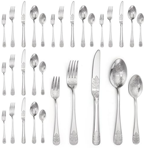 ZEAYEA 30 Pieces Silverware Set for 6, Stainless Steel Flatware Set, Embossed Design Kitchen Cutlery Set Includes Forks Knives Spoons for Home Festival Wedding Parties, Dishwasher Safe