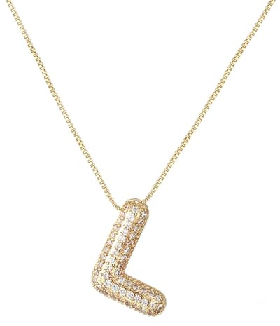 RWQIAN Bling Zircon Burbujas Letra Inicial Collar Mujer Globo Alfabeto Cadena Dorado Letra Inicial Primer Nombre L Colgante Regalo Collar 45+5cm