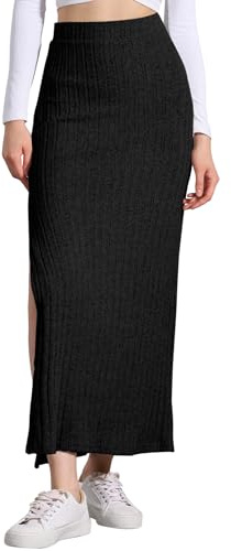 Allegra K Falda Midi de Punto para Faldas de Cintura Alta Bodycon con Abertura para Mujer Negro M