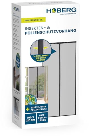 HOBERG Cortina antiinsectos y antipolen | Mosquitera para puerta con bandas magnéticas XXL | Mosquitera para puerta de balcón | Mosquitera antipolen - también ideal como mosquitera | 100 x 210 cm