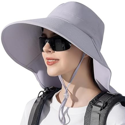 Vientiane Sombrero de Sol para Mujer, UPF 50, Sombrero Playa Verano Protección, Gray, Ajustable, Ala ancha, Ligero, Plegable, Transpirable, Protección Solar, Protección para el Cuello, Golf, 55-60 cm