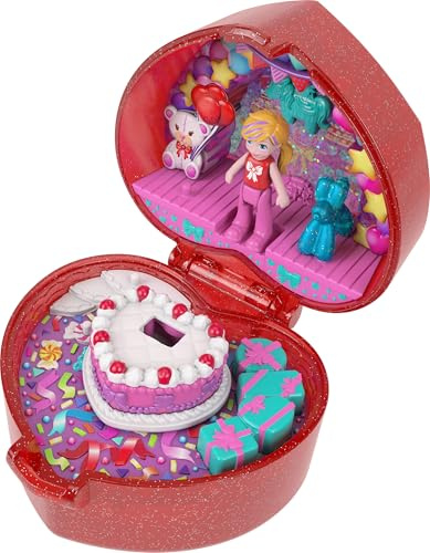 Polly Pocket Coffret Boîte à Bijoux 80ème Anniversaire de Mattel avec poupée, Ballon en Forme d’Animal et Bague à Porter, boîte à bagues sur Le thème de la fête, JGK21