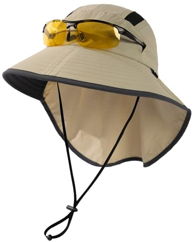 TOP-EX M/L/XL/XXL Unisex Mens Sun Hat for Women with Neck Flap Sunglass Lock UV Protection Wide Brim Outdoor Fishing Hats Waterproof & Packable Beige M/L