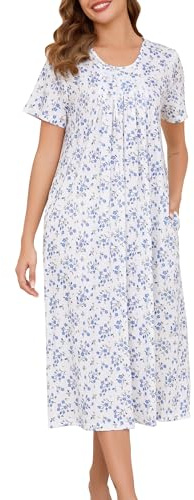 Vlazom Women's Long Nightgown Pleated Casual Nightdress Short Sleeve Soft Nighties Nightwear with Pockets,Cobalt Blue Flower,M