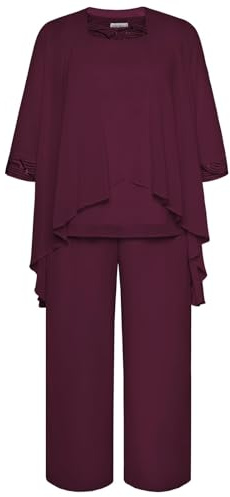 Hanna Nikole Completo da sera in chiffon taglie forti da donna Set cocktail party festivo elegante set 2 pezzi girocollo maniche corte e pantaloni a vita alta tuta due pezzi, Rosso vinaccia, 22 Plus