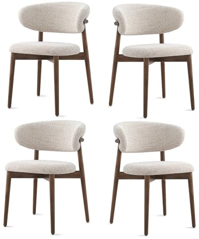 Juego de 4 sillas de comedor modernas de mediados de siglo, sillas de comedor de madera maciza con cojín de lino y respaldo curvo, sillas de cocina tapizadas para sala de estar y cocina (4, nogal)