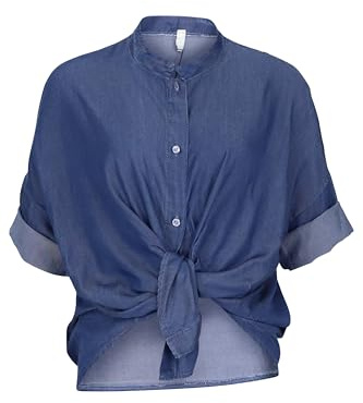 Malito – dam överdimensionerad blus – denimblus med knutdetalj – hudvänlig blus i jeans-utseende – kortärmad jeansblus 2309, Mörkblå, 34-40