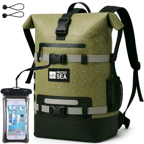 Protec Sea Sac de randonnée Fusion du Sac à Dos et du Sac étanche | Zip Zinc Anti-Corrosion imperméable | Volume réglable 20L à 40L | Portage Confortable | Fixations Molle | Poches intérieures (Kaki)