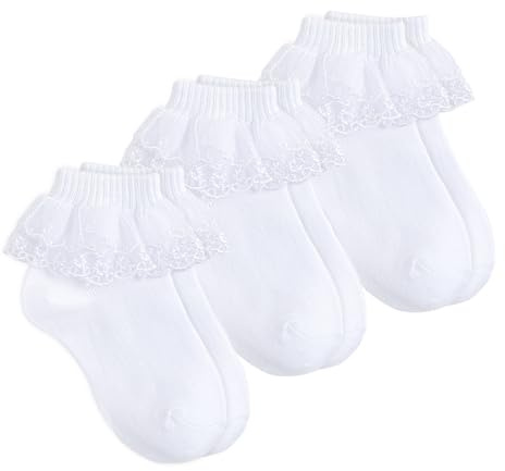 Gkhlg 3 Pairs Girls’ Frilly Socks Soft Cotton Blend Ankle Sock for Ages 1-9 White Socks Girls for Daily Wear Ballet Communion and Special Occasions (UK, Age, One Size, Regular, 7-9 Years, White)