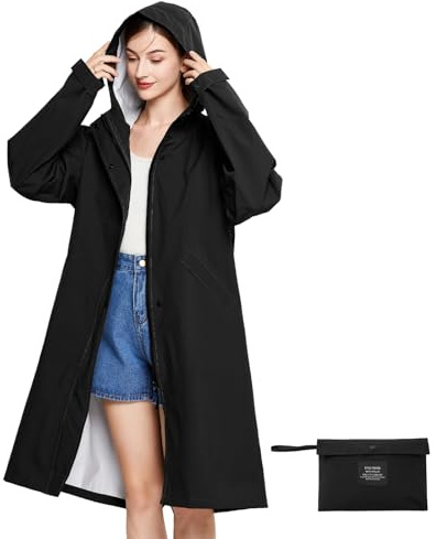 LAMA Womens Long Raincoat, Waterproof Reusable Jackets Hooded Rain Coat with Carry Bag, Ladies Lightweight Raincoat Windbreak Outdoor Coats Black M