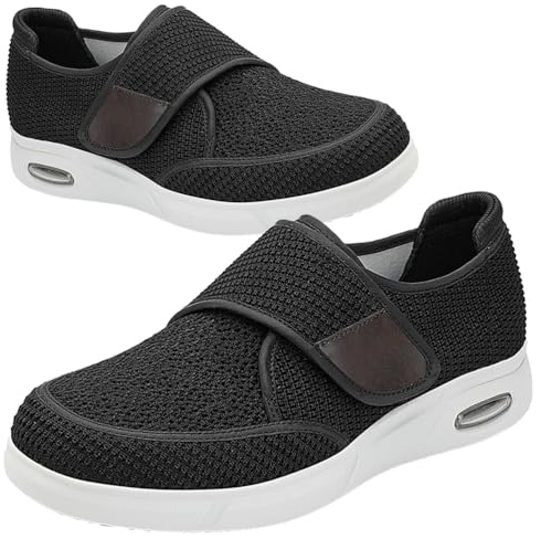 AEHO Scarpe per Diabetici Uomo Sportive Ortopediche con Strappo Uomo Scarpe pianta Larga Donna Extra Larghe Piedi Gonfi Regolabili La Neuropatia Dolorosa,Nero,45 EU