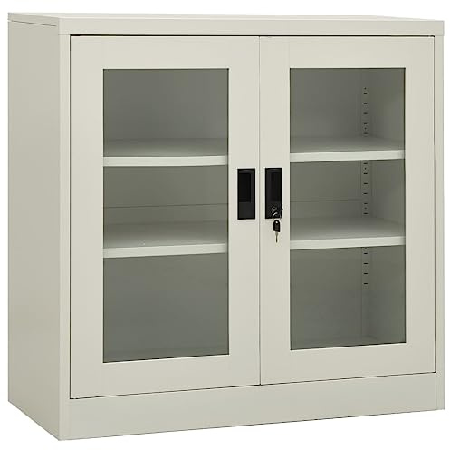 SKTQYQO Armadio per Ufficio in Acciaio Grigio Chiaro 90x40x90 cm con 2 Ante Vetro Temperato, 2 Ripiani Regolabili e Serratura per Archivio Documenti, Mobile per Archivio Sicuro